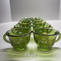 Vtg Indiana Harvest Grape Carnival Glass Iridescent Green Punch Bowl Set w Hooks