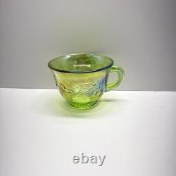 Vtg Indiana Harvest Grape Carnival Glass Iridescent Green Punch Bowl Set w Hooks