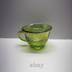 Vtg Indiana Harvest Grape Carnival Glass Iridescent Green Punch Bowl Set w Hooks