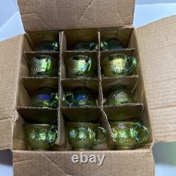 Vtg Indiana Harvest Grape Carnival Glass Iridescent Green Punch Bowl Set w Hooks