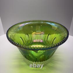 Vtg Indiana Harvest Grape Carnival Glass Iridescent Green Punch Bowl Set w Hooks