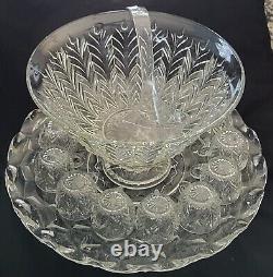 Vtg Jeannette Glass Punch Bowl Set 17 pc-UnderplatePedestalPunchbowlLadle&13Cups