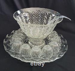 Vtg Jeannette Glass Punch Bowl Set 17 pc-UnderplatePedestalPunchbowlLadle&13Cups