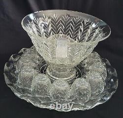 Vtg Jeannette Glass Punch Bowl Set 17 pc-UnderplatePedestalPunchbowlLadle&13Cups