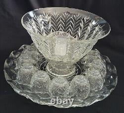 Vtg Jeannette Glass Punch Bowl Set 17 pc-UnderplatePedestalPunchbowlLadle&13Cups