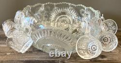 Vtg L. E. Smith Clear Glass Punch Bowl Set Pinwheels Stars 10 Cups Ladle Hooks