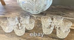 Vtg L. E. Smith Clear Glass Punch Bowl Set Pinwheels Stars 10 Cups Ladle Hooks