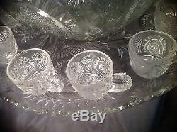Vtg L E Smith Pressed Glass Pinwheel Horseshoe Punch Bowl Set w Ladle 16pcs