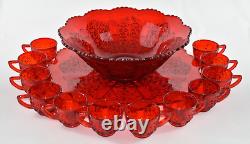 Vtg L. G. WRIGHT Red Daisy Glass Punch Bowl 12 Cups Underplate Tray Platter EAPG