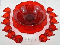 Vtg L. G. WRIGHT Red Daisy Glass Punch Bowl 12 Cups Underplate Tray Platter EAPG