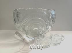 Vtg LE Smith EAPC Glass Punch Bowl Set & 18 Cups & Ladle Pinwheel & Stars NOS