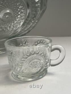 Vtg LE Smith EAPC Glass Punch Bowl Set & 18 Cups & Ladle Pinwheel & Stars NOS