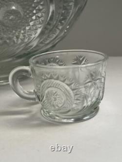 Vtg LE Smith EAPC Glass Punch Bowl Set & 18 Cups & Ladle Pinwheel & Stars NOS