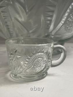 Vtg LE Smith EAPC Glass Punch Bowl Set & 18 Cups & Ladle Pinwheel & Stars NOS