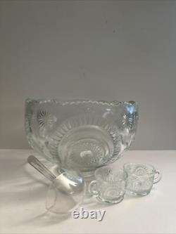 Vtg LE Smith EAPC Glass Punch Bowl Set & 18 Cups & Ladle Pinwheel & Stars NOS