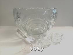 Vtg LE Smith EAPC Glass Punch Bowl Set & 18 Cups & Ladle Pinwheel & Stars NOS