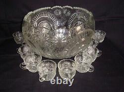 Vtg LE Smith Glass Slewed Horseshoe Pinwheel & Stars Punch Bowl Set with 12 cups