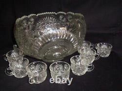 Vtg LE Smith Glass Slewed Horseshoe Pinwheel & Stars Punch Bowl Set with 12 cups