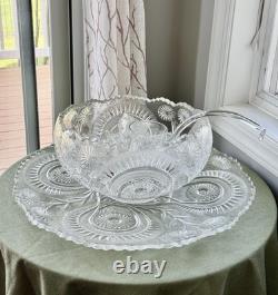 Vtg LE Smith Pinwheels & Stars Press Cut Glass Punch Bowl Set 13 cup ladle 23x7