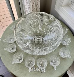 Vtg LE Smith Pinwheels & Stars Press Cut Glass Punch Bowl Set 13 cup ladle 23x7