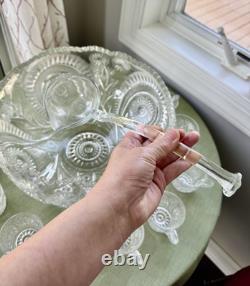 Vtg LE Smith Pinwheels & Stars Press Cut Glass Punch Bowl Set 13 cup ladle 23x7