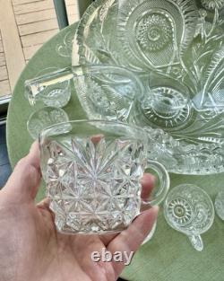 Vtg LE Smith Pinwheels & Stars Press Cut Glass Punch Bowl Set 13 cup ladle 23x7