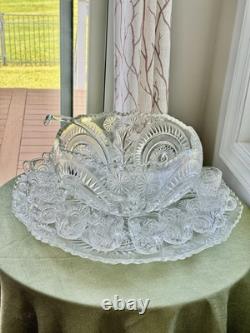Vtg LE Smith Pinwheels & Stars Press Cut Glass Punch Bowl Set 13 cup ladle 23x7