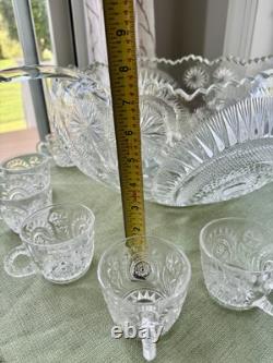 Vtg LE Smith Pinwheels & Stars Press Cut Glass Punch Bowl Set 13 cup ladle 23x7