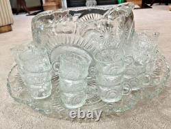 Vtg LE Smith Slewed Horseshoe Radiant Daisy Pinwheel & Star Punch Bowl Set 1930s