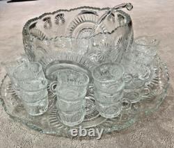 Vtg LE Smith Slewed Horseshoe Radiant Daisy Pinwheel & Star Punch Bowl Set 1930s