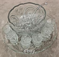 Vtg LE Smith Slewed Horseshoe Radiant Daisy Pinwheel & Star Punch Bowl Set 1930s