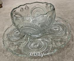 Vtg LE Smith Slewed Horseshoe Radiant Daisy Pinwheel & Star Punch Bowl Set 1930s