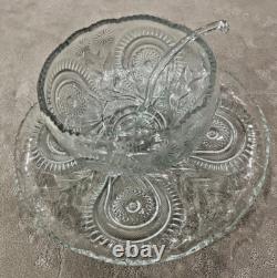 Vtg LE Smith Slewed Horseshoe Radiant Daisy Pinwheel & Star Punch Bowl Set 1930s
