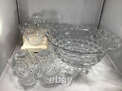 Vtg Large 14 Fostoria Elegant Glassware American Clear Glass Punch Bowl & Cups
