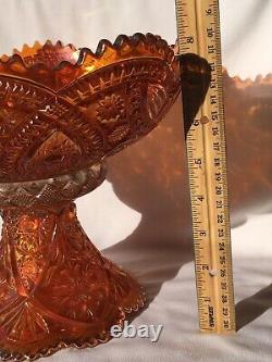 Vtg Large CARNIVAL GLASS Punch Bowl Fruit Bowl Pedestal Base Marigold Red 2 Pc