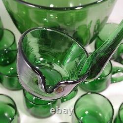 Vtg MCM Blenko Forest Green Hand Blown Glass Punch Bowl Set 12 Cups Ladle & Bowl