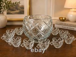 Vtg Mid Century Colony Diamond Block Lattice Clear Crystal Glass Punch Bowl Set