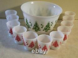 Vtg Milk Glass Hazel Atlas Christmas Tree Eggnog Punch Bowl 12pc/11 Mug FREESHIP