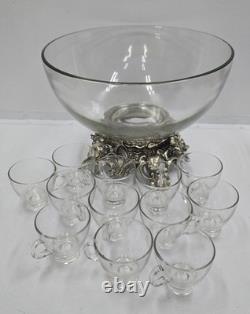 Vtg. Pitman-Dreitzer c1960s Clear Glass Punch Bowl Silver Tone Stand & 12 Cups