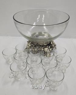 Vtg. Pitman-Dreitzer c1960s Clear Glass Punch Bowl Silver Tone Stand & 12 Cups