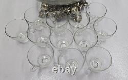 Vtg. Pitman-Dreitzer c1960s Clear Glass Punch Bowl Silver Tone Stand & 12 Cups