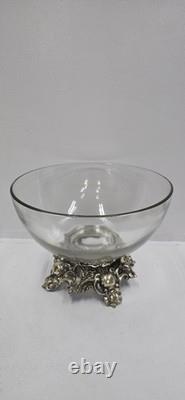 Vtg. Pitman-Dreitzer c1960s Clear Glass Punch Bowl Silver Tone Stand & 12 Cups