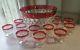 Vtg Punch Bowl Set Diamond Cut with Cranberry Rim 13 pcs