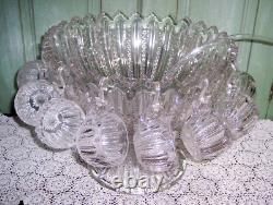 Vtg Punch Bowl withStand/Ladle 12 Cups Mardi Gras #42 Clear Glass Duncan Miller