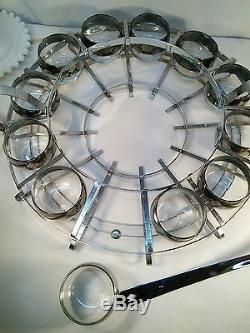 Vtg RARE Japan Silver Trim Glass Punch Bowl 12 Cups Metal Carrier tray Ladle
