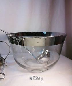 Vtg RARE Japan Silver Trim Glass Punch Bowl 12 Cups Metal Carrier tray Ladle