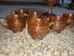 Vtg Rare Millersburg Multi-fruits Marigold carnival glass punch bowl w 9 Cups