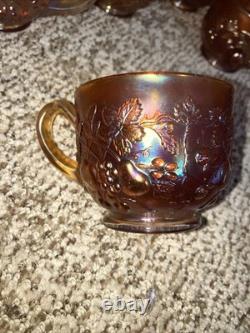 Vtg Rare Millersburg Multi-fruits Marigold carnival glass punch bowl w 9 Cups