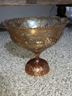 Vtg Rare Millersburg Multi-fruits Marigold carnival glass punch bowl w 9 Cups