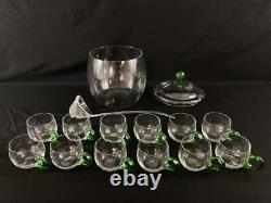 Vtg Sussmuth Hand Blown Crystal Punch Bowl Set Germany Clear Green Handles 15 Pc